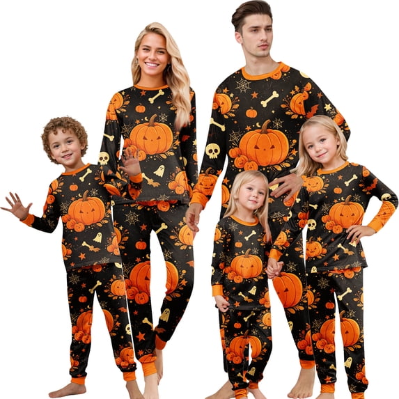 Family Halloween Pajamas Matching Sets, Black Large Pumpkin Ghost Bone Star Print Soft Long Sleeve Top and Long Pants Halloween Pajamas for Family, 2 Piece Holiday Sleepwear Halloween Family Pjs Set