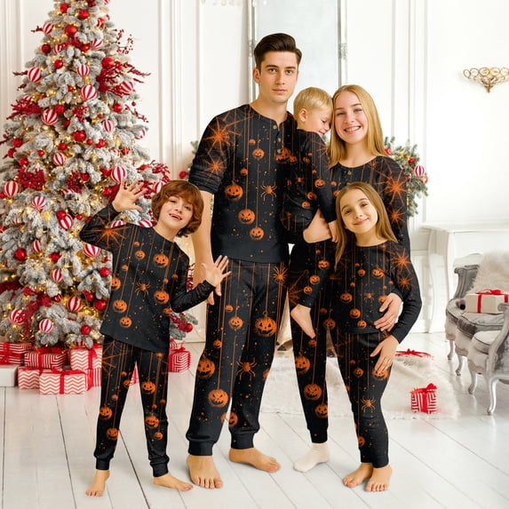 Family Halloween Pajamas Matching Sets, Black Pumpkin Spider Web Print Soft Long Sleeve Top and Long Pants Halloween Pajamas for Family, 2 Piece Holiday Sleepwear Halloween Family Pjs Set