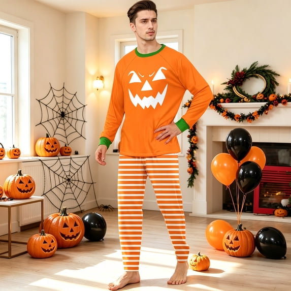 Family Halloween Pajamas Matching Sets Candy Witch Hat Long Sleeve Spooky Pjs Ghost Bat Funny Straight Leg Pajamas, Men:L