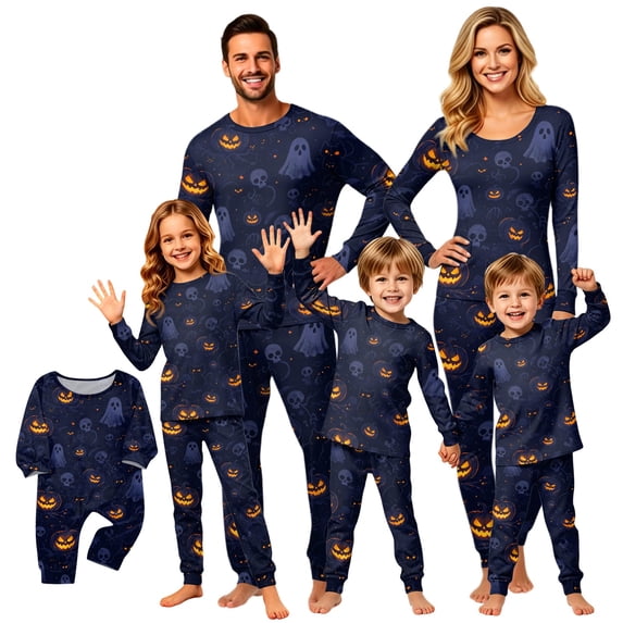Family Halloween Pajamas Matching Sets, Dark Blue Pumpkin Ghost Skeleton Print Soft Long Sleeve Top and Long Pants Halloween Pajamas for Family, 2 Piece Holiday Sleepwear Halloween Family Pjs Set
