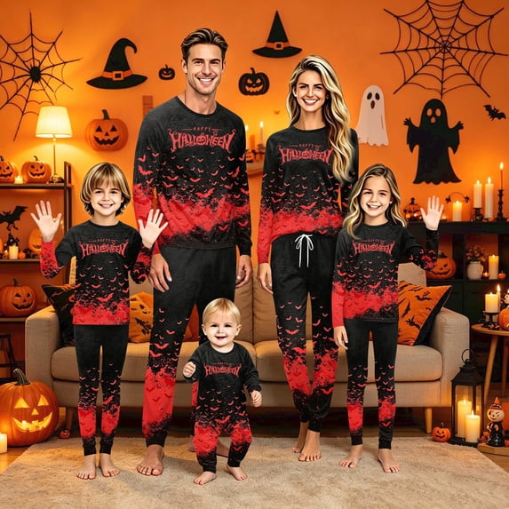 Family Halloween Pajamas Matching Sets, Halloween Family Sleepwear, Halloween Family Matching Pajamas Black Red Bat Gradient Long Sleeve Set for Halloween Party, Halloween Pajamas, 4 Years