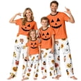 thumbnail image 1 of Family Halloween Pajamas Matching Sets, Orange Jack‑o‑Lantern Face Ghost Print Soft Short Sleeve Top and Long Pants Halloween Pajamas for Family, 2 Piece Holiday Sleepwear Halloween Family Pjs Set, 1 of 7
