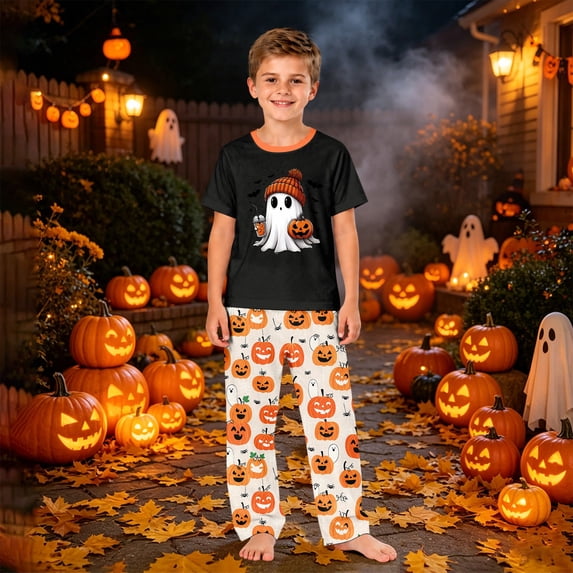 Family Halloween Pajamas Matching Sets Pumpkin Ghost Crew Neck Spooky Pajamas Skeleton Castle Funny Wide Leg Pjs, Kids:5 Years