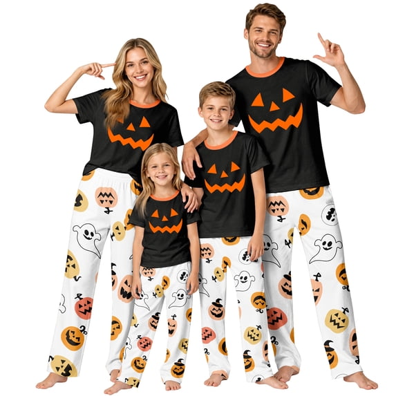 Family Halloween Pajamas Matching Sets, Simple Jack‑o‑Lantern Face Ghost Print Soft Short Sleeve Top and Long Pants Halloween Pajamas for Family, 2 Piece Holiday Sleepwear Halloween Family Pjs Set