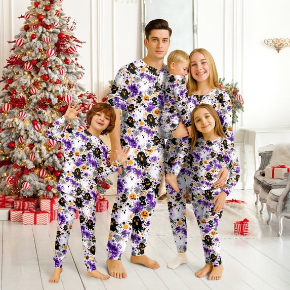 Family Halloween Pajamas Matching Sets, White Purple Black Ghost Splatter Print Soft Long Sleeve Top and Long Pants Halloween Pajamas for Family, 2 Piece Holiday Sleepwear Halloween Family Pjs Set