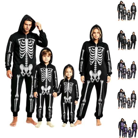Family Halloween Pajamas Onesie Funny Skeleton Pajamas Zipper Hooded Jumpsuit Pjs Loungewear Holiday Family Pajamas Nightwear