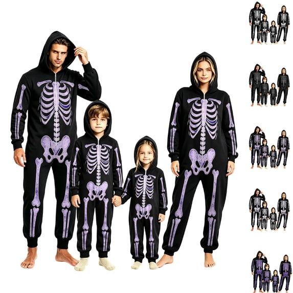 Family Halloween Pajamas Onesie Novelty Skeleton Pajamas Zipper Hooded Jumpsuit Pjs Loungewear Holiday Family Pajamas Nightwear Men