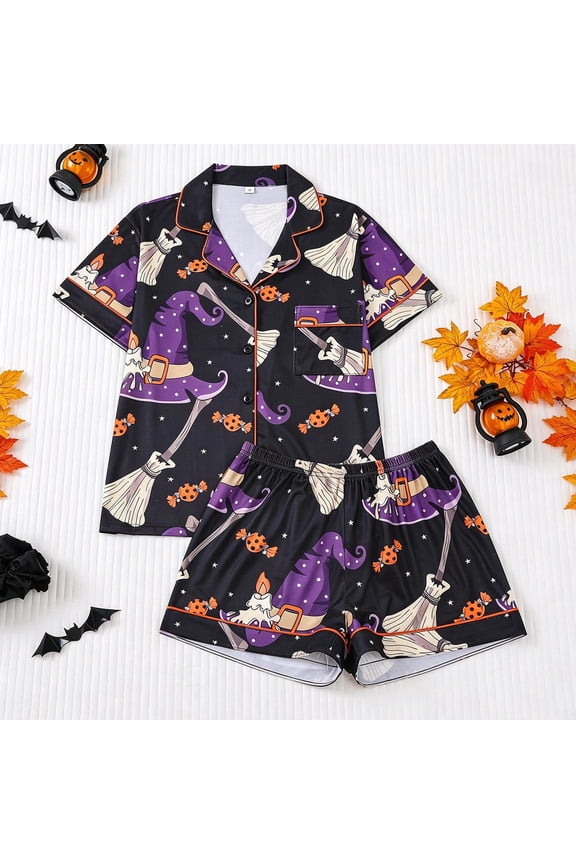 Family Halloween Pajamas Silk Loose Fit Festive Design Ghost Bat Pattern Halloween Pj Silk Pjs Graphic Button Down Satin Pajama Set