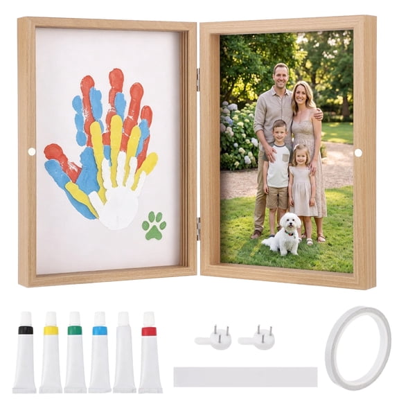 Family Handprint Kit, DIY Craft Keepsake Frame with 4 Acrylic Plates and 6 Paints, Hand Prints Ornament Kit for New Parents, Grandparents, Home Decor, Anniversary