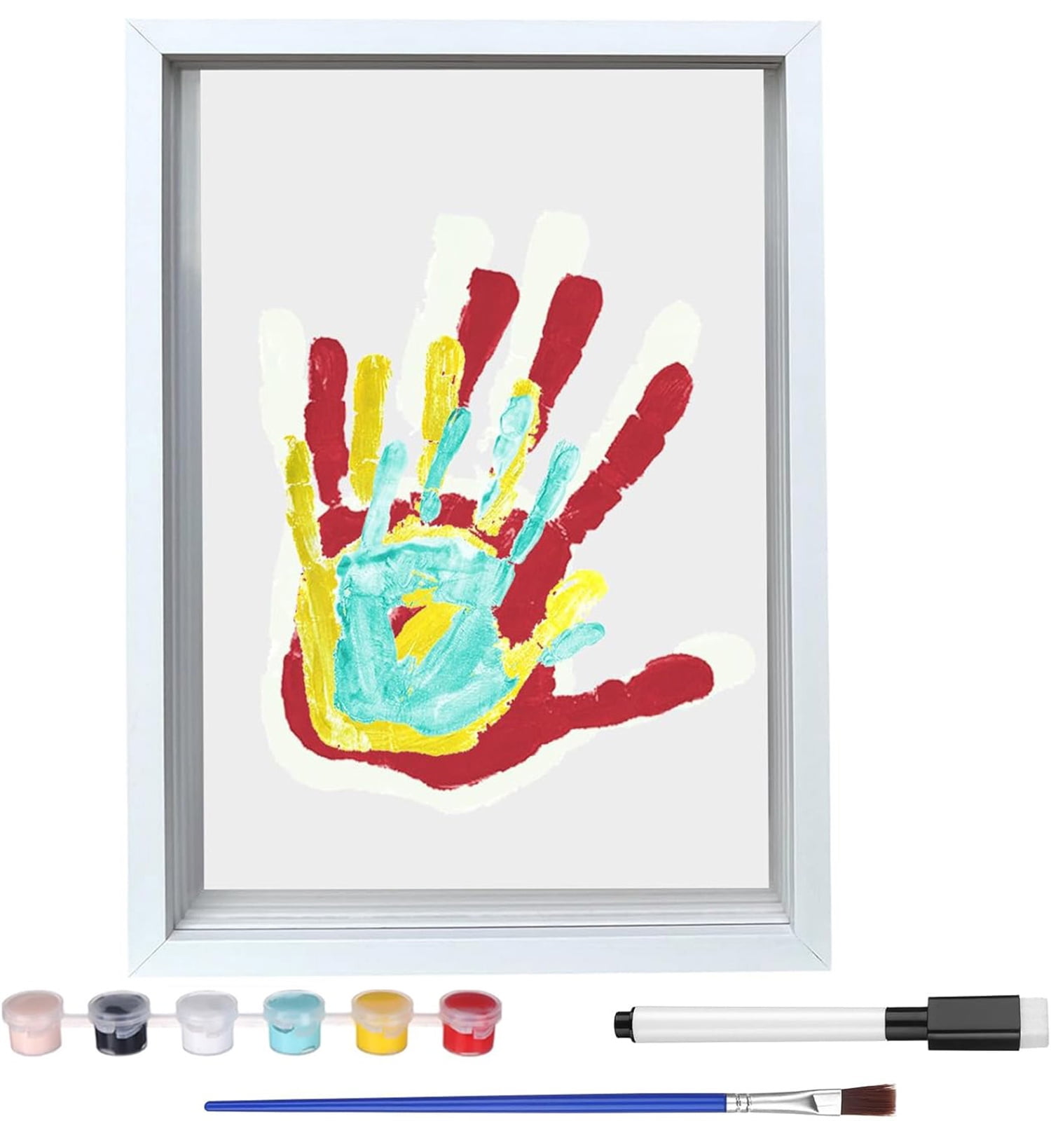 Family Handprint Kit, DIY Craft Keepsake Frame,Baby Hand Print Kits,Handmade Keepsake Wooden Frame Endless Gift Set 4 Transparent Sheets 6 Non -Toxic Paint Colors,Family Gifts for New Mom, New Parents