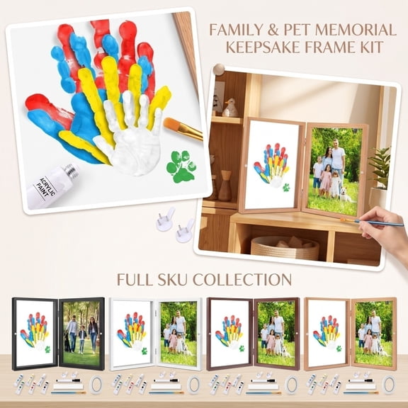 Family Handprint Kit, Wooden Transparent Handprint Frame – Baby Handprint Kit Complete Paint Handprint Frame Kit – DIY Family Pet Memorial Keepsake Photo Frame Gift