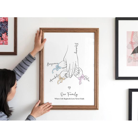 Family Hands Line Art Wall Art Print, Three Children Decor