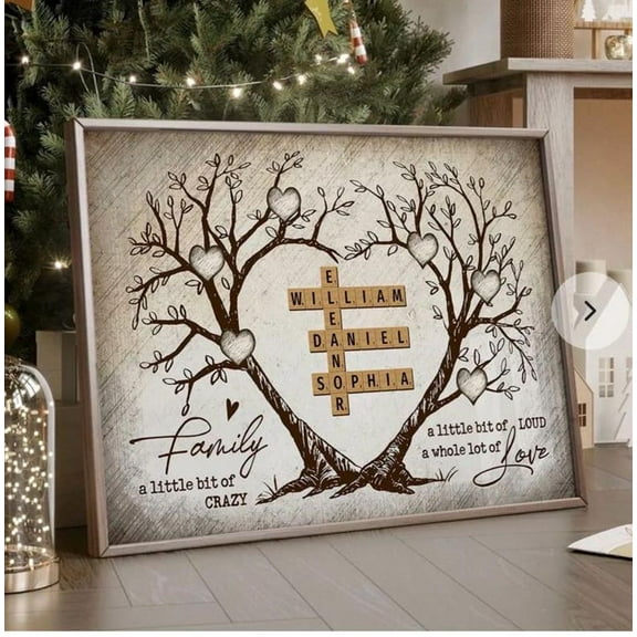 Family Heart Tree Poster, Crossword Puzzle Art Print, Sentimental Winter Holiday Gift Decor UNFRAMED Poster, Wall Art for Decor, Present, 8x12