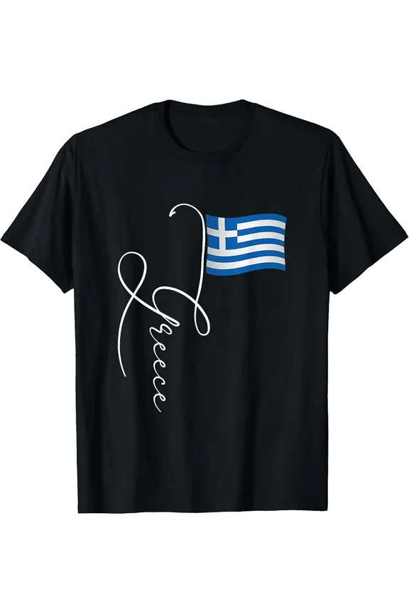 Family Heritage Gifts Greece Signature Flag Pole T-Shirt - Unisex-Adults & , Black, Short Sleeve, Classic Fit, Crew Ne...