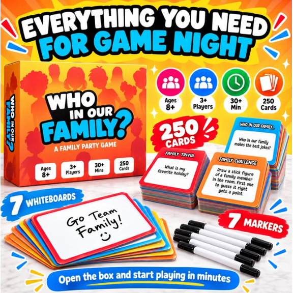 Who In Our Family? Hilarious Family Party Game, Interactive Card Game with Trivia & Challenges, Complete Set with Whiteboards and Markers for Kids Adults 8+