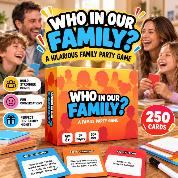 Who In Our Family? Hilarious Party Game for Family Game Night, Funny Conversation Card Game with 250 Prompt Cards 7 Whiteboards and 7 Markers, Screen-Free Group Game for Kids Adults Parties Holidays