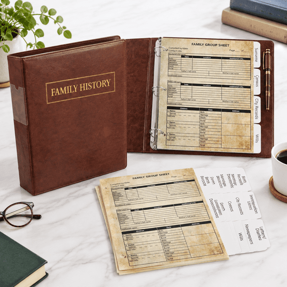 Family History Binder Set-Dark Brown 3 Ring PU Leather with 50 Group Sheets and Dividers