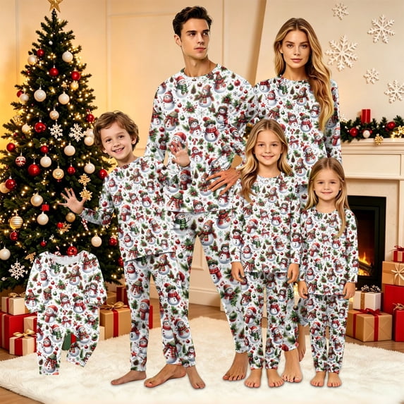 Family Holiday Pajamas, Family Pajamas, Christmas Pajamas Family, White Snowman Holly Pinecone Long Sleeve Crew Neck Soft Breathable Cozy Loungewear Set for Holiday