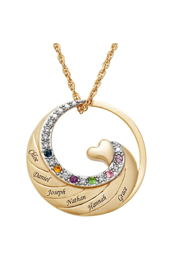 Family Jewelry Personalized Planet Mother's Gold-Plated or Rhodium-Plated Name and Birthstone Circle with Heart Necklace, 20" ,Women's