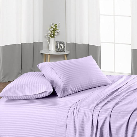Family King Size 4 Piece Sheet Set, 300 Thread Count Fabric, 14" Deep Pocket, Sateen Finish Sheets, 100% Egyptian Cotton, Cool and Breathable - Lavender Stripe.