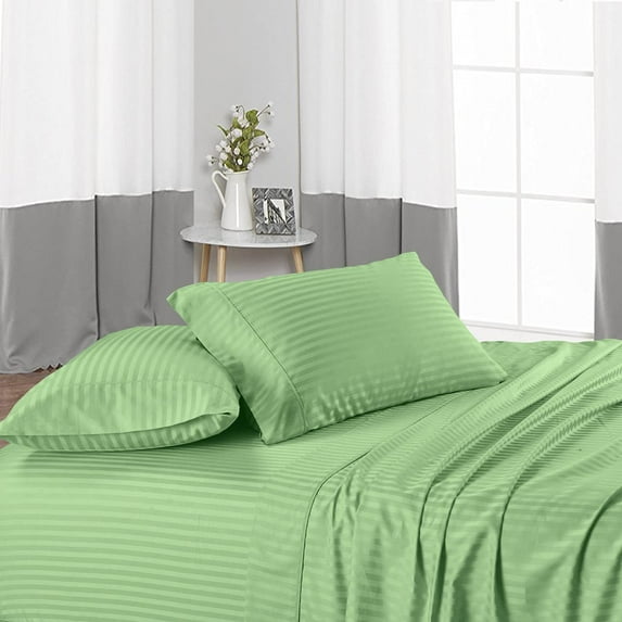 Family King Size Bed Sheet Set 4 Piece, 400 Thread Count, 18" Deep Pocket, 100% Egyptian Cotton, Sateen Finish, Extra Soft and Luxury - Sage Stripe.