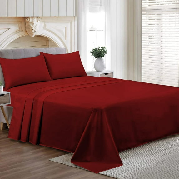 Family King Size Egyptian Cotton Family King Sheet Set Premium 800 TC Super Soft Family King Bed Sheets Burgundy Solid 21 Inch Deep Pocket 4PC- 1 Flat Sheet, 1 Fitted Sheet & 2 Pillowcase