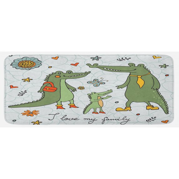 Family Kitchen Mat, I Love My Family Theme Hand Drawn Alligators Natural Background Fun Graphic, Plush Decorative Kitchen Mat with Non Slip Backing, 47" X 19", Multicolor, by Ambesonne