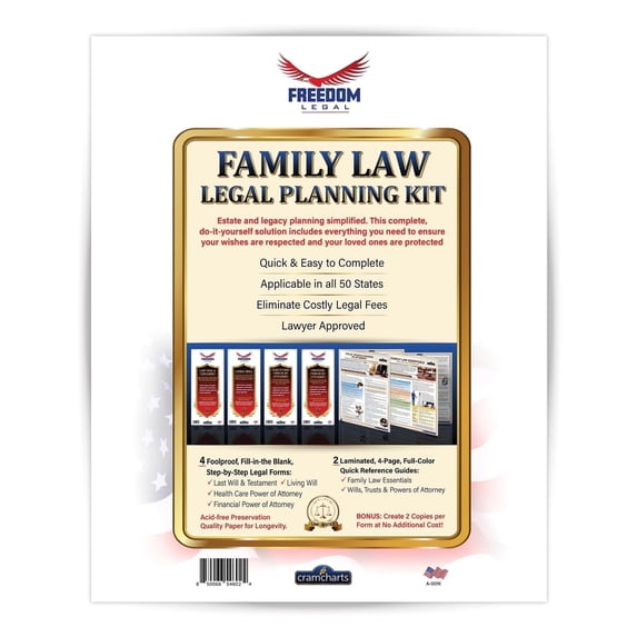 Family Law Legal Planning Kit – DIY Legal Forms Set: Last Will & Testament + Living Will + Health Care Proxy + Financial POA | + 2 Laminated Quick Reference Guides – Step-by-Step Forms | by Cramchart