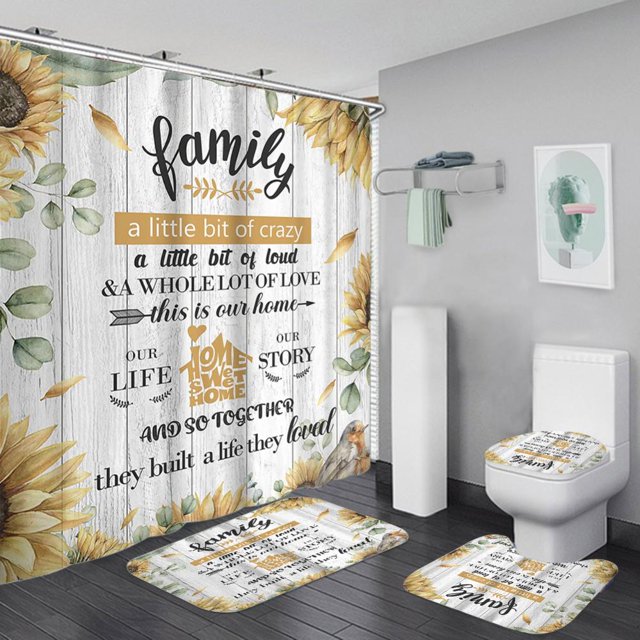 Family Letters Print Shower Curtain with Matching Rug Sets, Waterproof