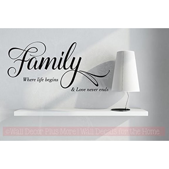 Family Life Begins, Love Never Ends Vinyl Lettering Wall Decals Family Quotes, 23x11-Inch, Black