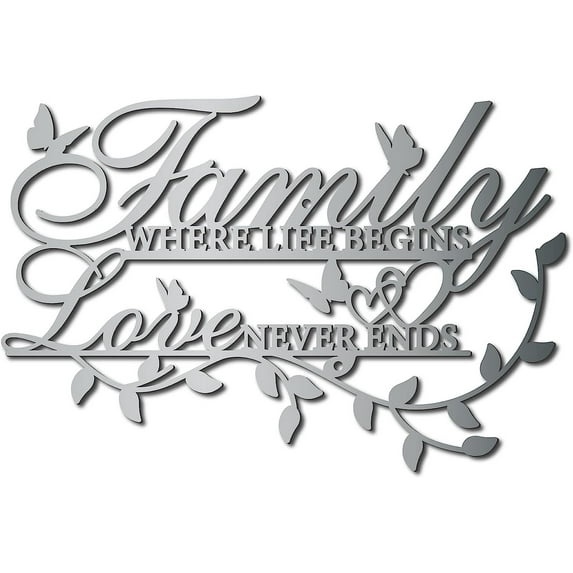 Family Where Life Begins Love Never Ends Word Sign Metal Wall Decor Home Family Wall Art Decorations for Living Room Bedroom Kitchen Indoor Outdoor Garden 11.8 x 7.9 Inch Silver