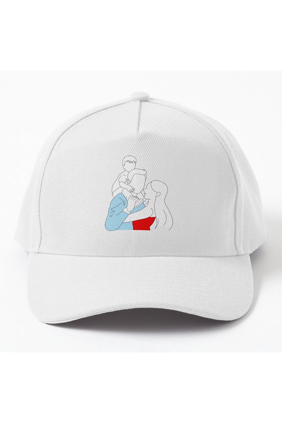 Family Line Art Baseball Cap, Son on Dad's Shoulders Mom Hugging Graphic Design, Classic Hat
