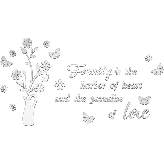 Family Love 3D Acrylic Mirror Decal Silver Butterfly Wall Stickers Self Adhesive Mirrored Letter Quotes Decor Stickers DIY Motivational Wall Art for Living Room Bedroom Decoration