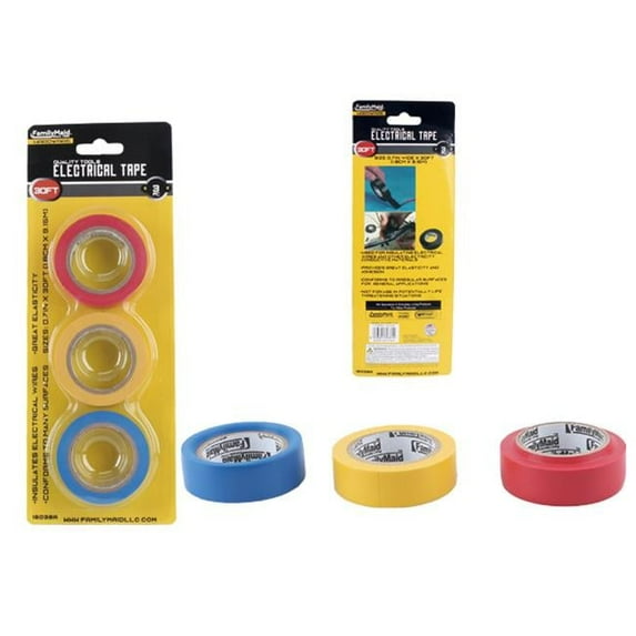 Family Maid 16038A 18M Electric Insulating Tape, Blue, Red & Yellow - 3 Piece - Pack of 144