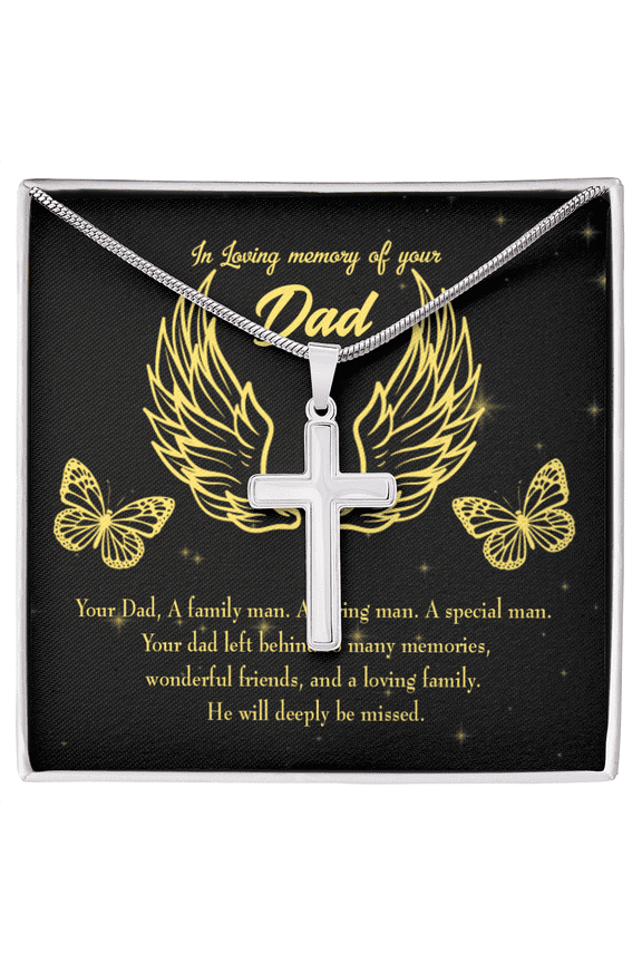 Family Man Dad Memorial Dad Memorial Cross Necklace Sympathy Loss of Father Condolence Message Card