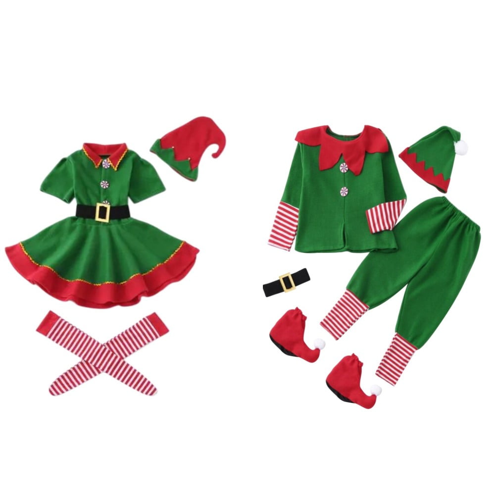 Family Matching Baby Chidren Adult Female Christmas Elf Costume 4 Piece Set Includes Dress