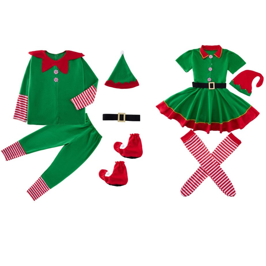 Family Matching Baby Chidren Adult Female Christmas Elf Costume - 4 Piece Set Includes Dress + Hat + Belt + Socks Xmas Cosplay Suit - image 1 of 6