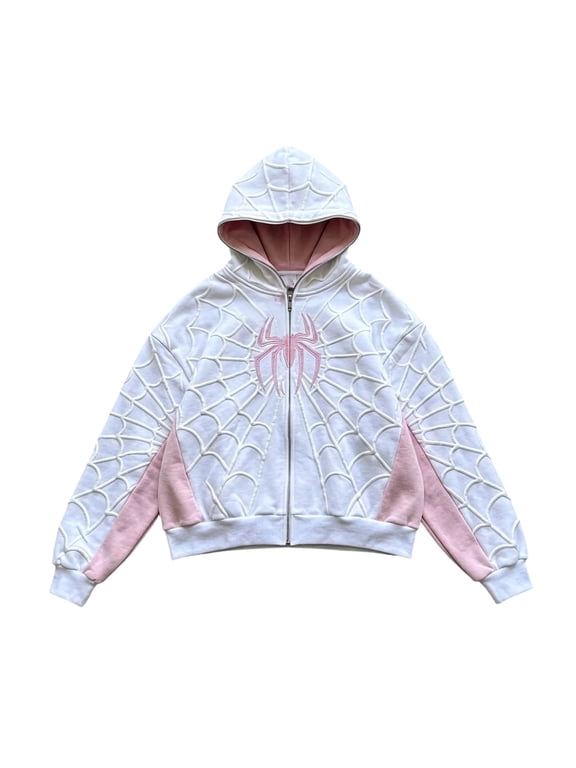 Family Matching Chenille Applique Full-Zip Hoodie with Web Design, Embroidered Graphic Casual Zip-Up Sweatshirt Jacket for Daily Wear, White, 2XL