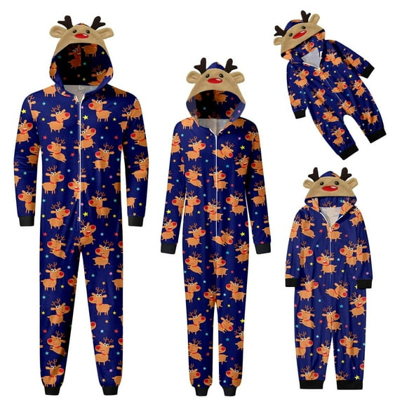 Family Matching Christm Pajam Parent Kids Long Sleeve Elk Antler Hooded Romper Zip Up Jumpsuits