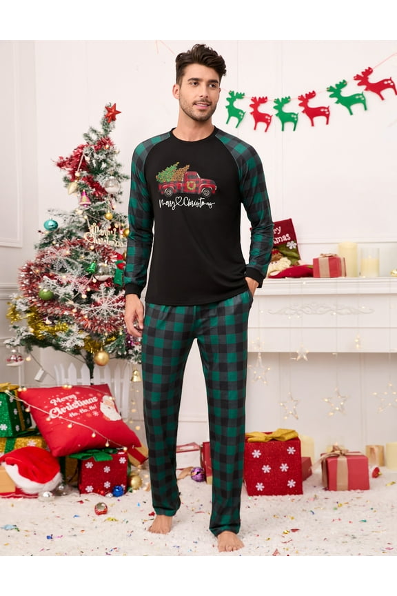 Family Matching Christmas Holiday Pajamas Sets, Xmas Plaid Pajama Pants Long Sleeve Print Top Pjs Sets Sleepwear Bottoms for Men Couple, Green Plaid, XL