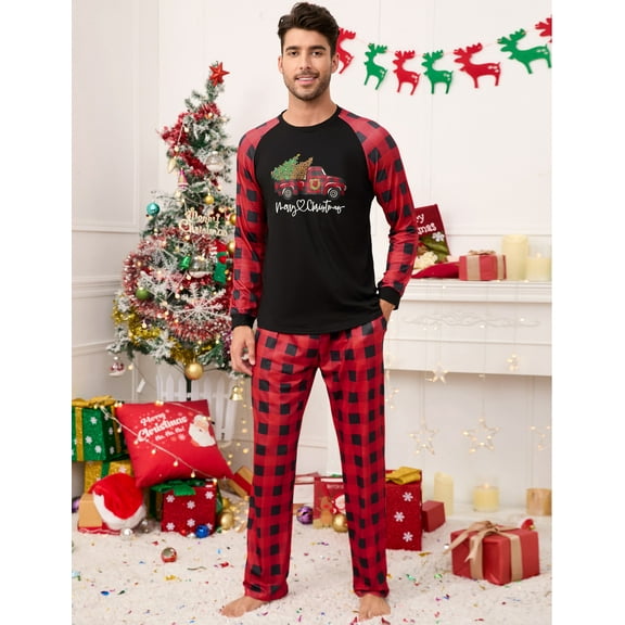 Family Matching Christmas Holiday Pajamas Sets, Xmas Plaid Pajama Pants Long Sleeve Print Top Pjs Sets Sleepwear Bottoms for Men Couple, Red Plaid, XL