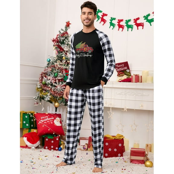 Family Matching Christmas Holiday Pajamas Sets, Xmas Plaid Pajama Pants Long Sleeve Print Top Pjs Sets Sleepwear Bottoms for Men Couple, White Plaid, 2XL