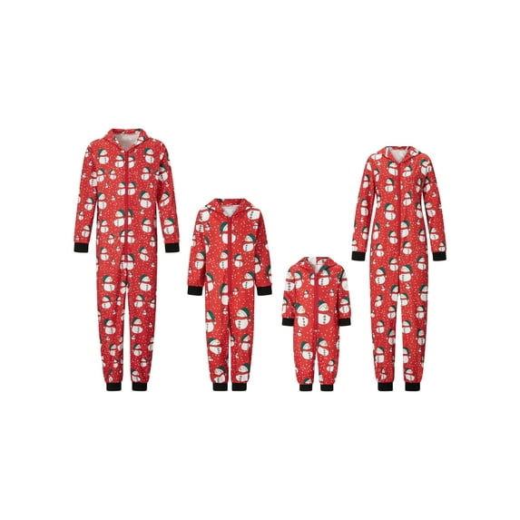 Family Matching Christmas Hood Jumpsuit Pajamas, Cartoon Snowman Print Long-Sleeved Zip Up Deer Sleepwear