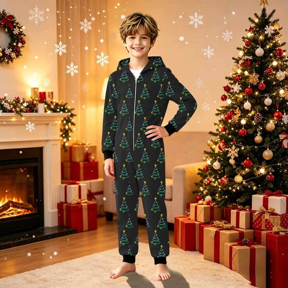 Family Matching Christmas Onesie Pajama, Hooded Full Zip Long Sleeve Jumpsuit, Allover Colorful Christmas Tree Print, Pajama for Women Men