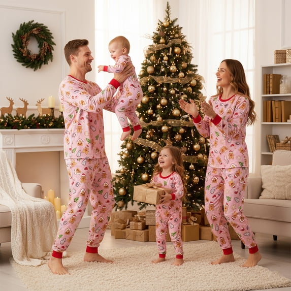 Family Matching Christmas Pajama Set Christmas Pattern Long Sleeve Tops Elastic Waist Pants