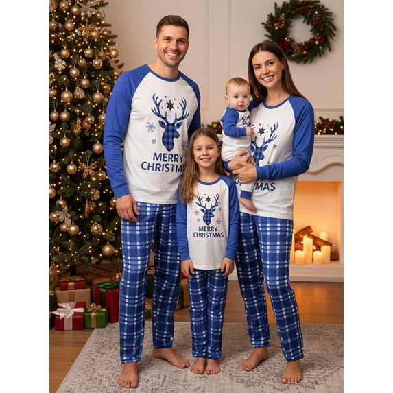 Family Matching Christmas Pajama Set, Reindeer Long Raglan Sleeve Tops and Plaid Pants Sleepwear Outfits