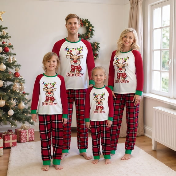 Family Matching Christmas Pajama Set Reindeer Long Sleeve Tops and Plaid Pants Holiday Sleepwear