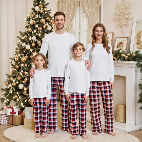 Family Matching Christmas Pajama Set Solid Color Long Sleeve Tops and Plaid Pants/Baby Romper