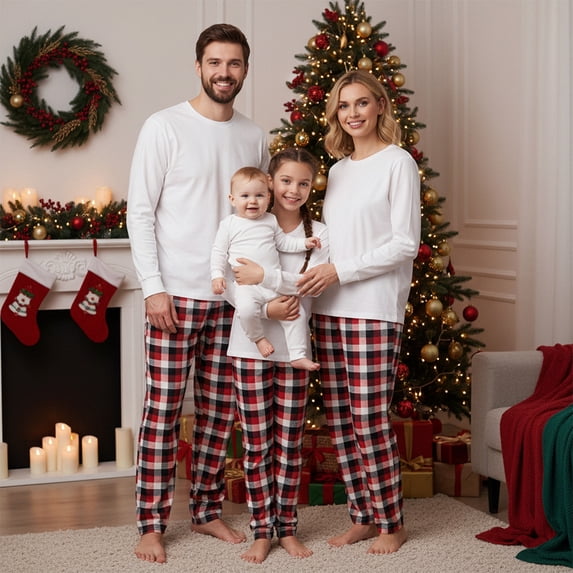 Family Matching Christmas Pajama Set Solid Top Plaid Pants Sleepwear with Dog