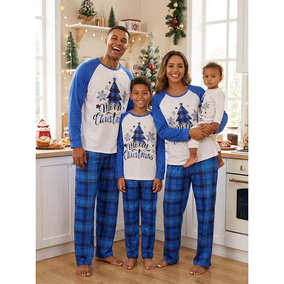 Family Matching Christmas Pajama Set, Tree Letter Print Long Sleeve Tops Plaid Pants Sleepwear Outfits
